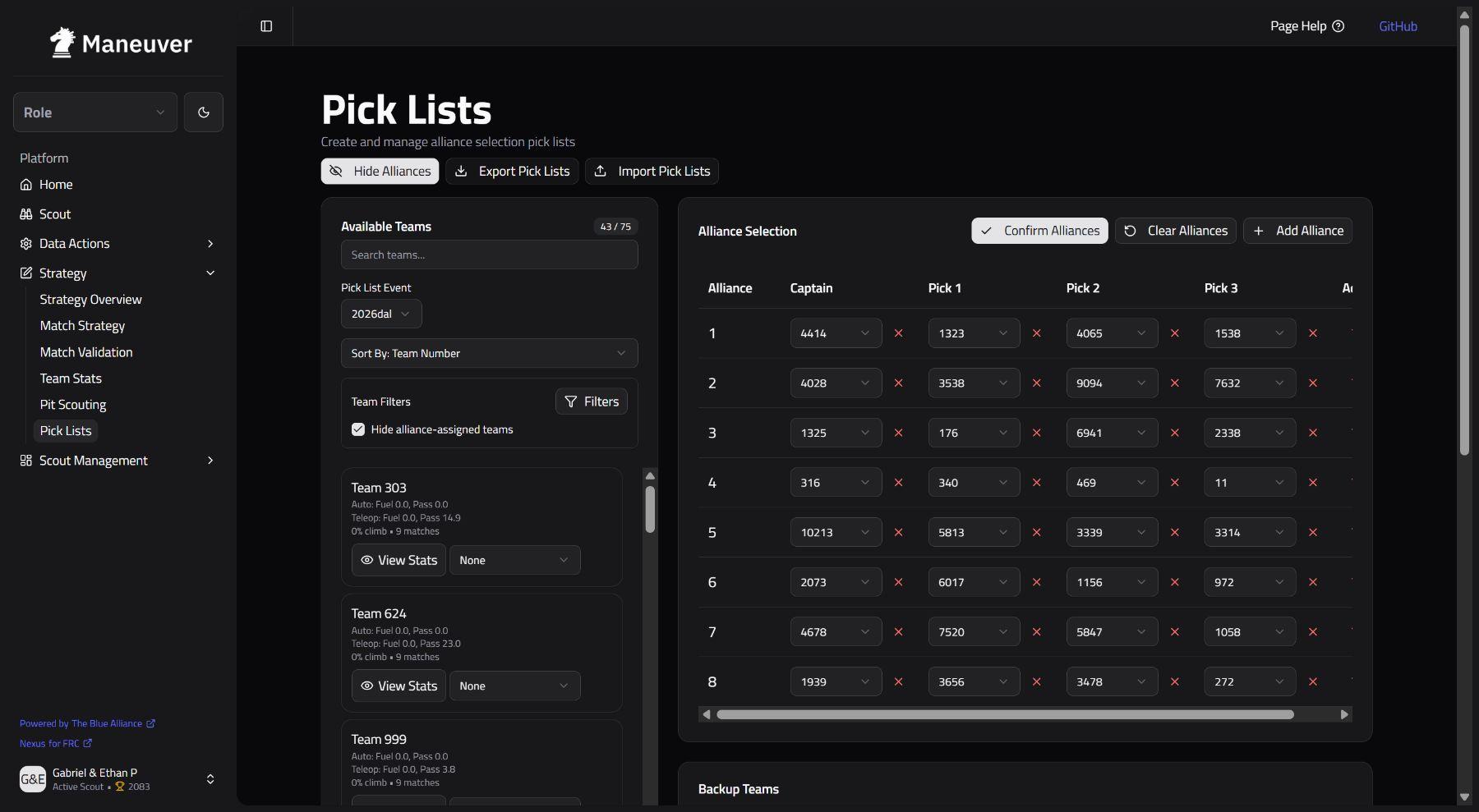 Maneuver pick-list interface showing available teams and alliance selections