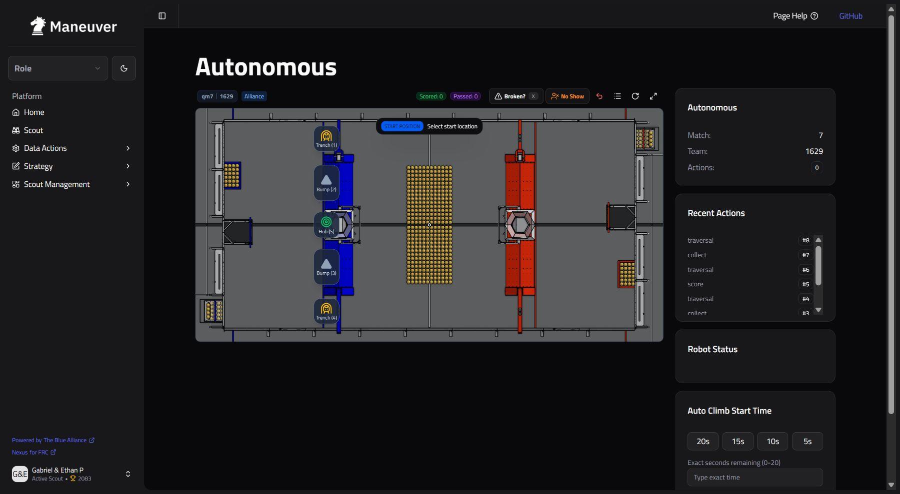 Maneuver autonomous match scouting interface with a tappable field map and recent actions
